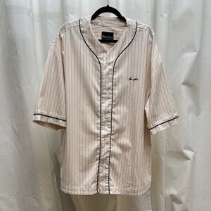 Bershka Men's Cream Oversized Baseball Striped Shirt